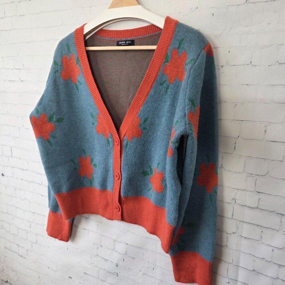 Shein Mod Oversized Cardigan Sweater Size L Blue Orange Floral Retro - Picture 5 of 8